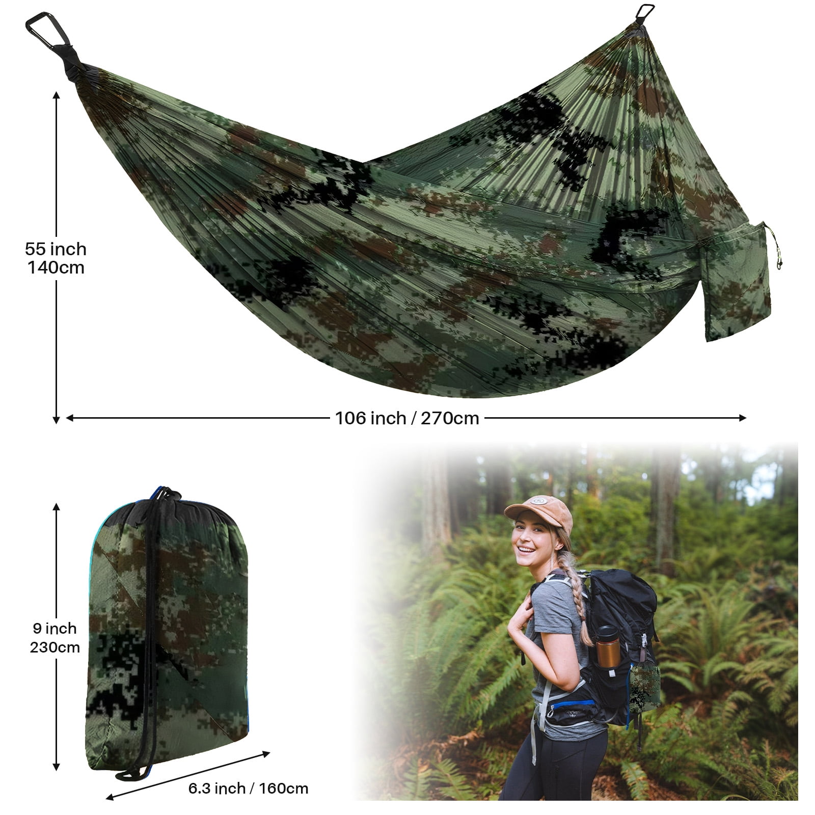 Topchances Camping Hammock, 210T Nylon Lightweight Single Hammock with 2 Tree Straps and Carry Bag, Great for Outdoor, Indoor Beach, Camping, Camouflage