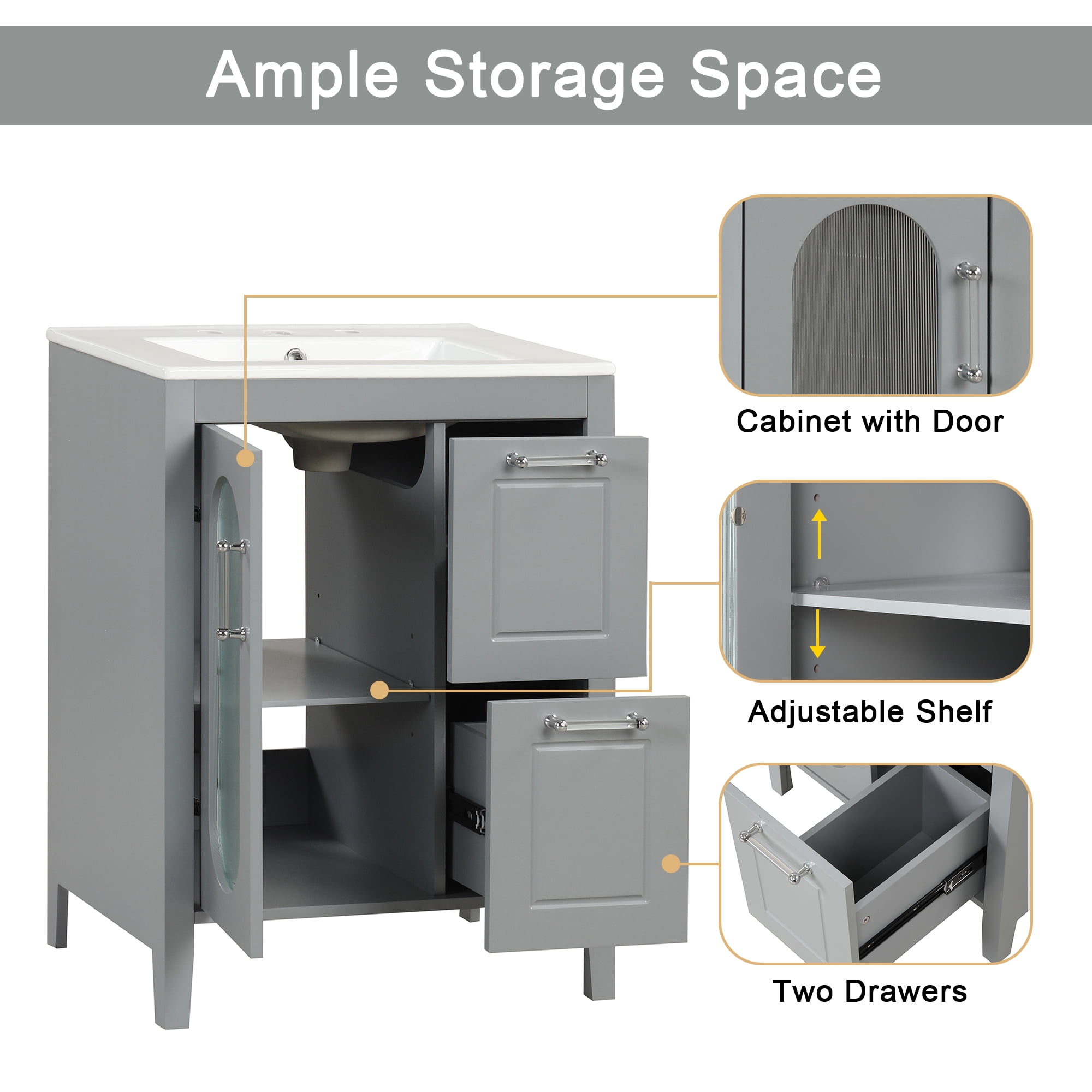 Harper & Bright Designs 24" Small Bathroom Vanity Sink Combo with Drawer , Wood Bathroom Floor Cabinet with Doors and Adjustable Shelf, Grey