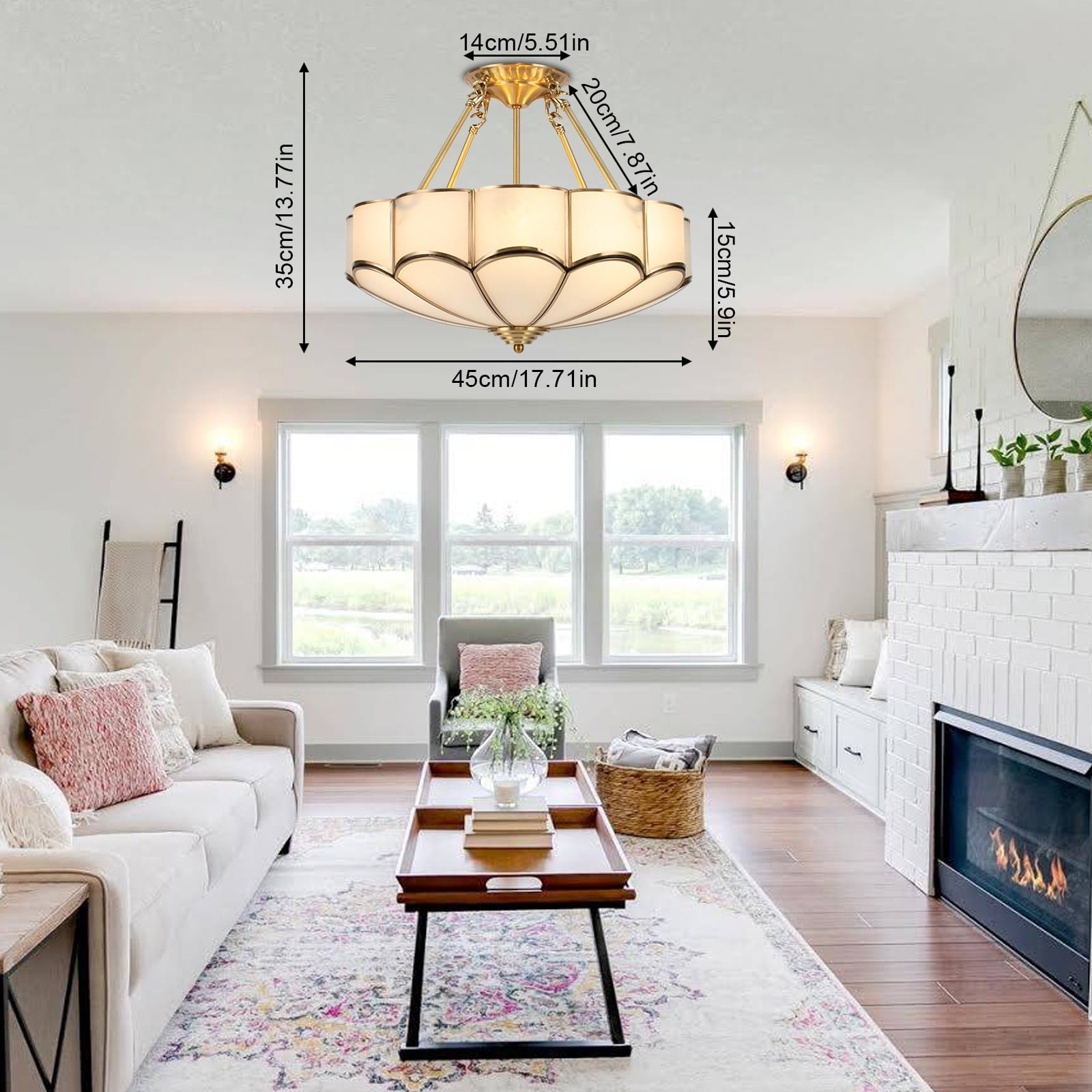 Vintage Ceiling Light Flower Shape Ceiling Light Glass Ceiling Light 17.72*5.9in