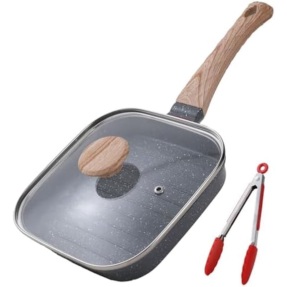 Grill Pan with Lid Non Stick Griddle for Stove Top Indoor Cooking Steak Square Aluminum Skillet Grilling Induction Compatible Tong Gray 7.48 inches