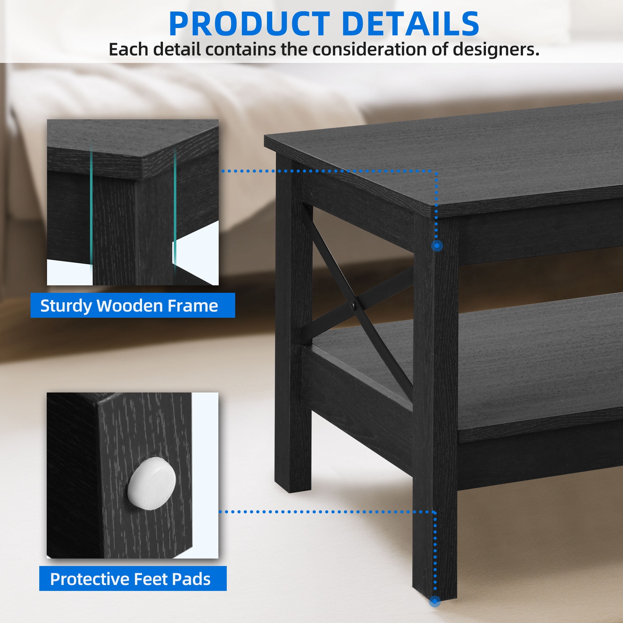 Dextrus Farmhouse Coffee Table with Open Storage Shelf, 2-Tier Thicken Wood Accent Cocktail Center Ends Table for Living Room Home Office, Black