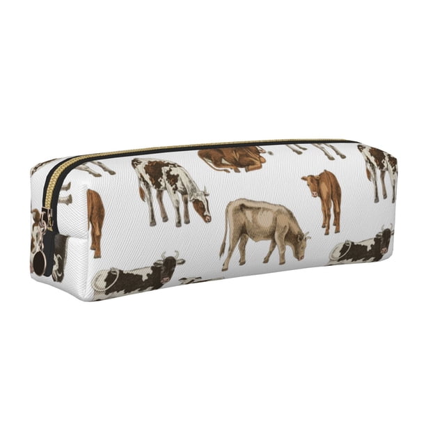 Easygdp Cow para Estuche de Lápices de Cuero, Estuche de Papelería de Cuero, Estuche de Gran Capacidad con Cremallera