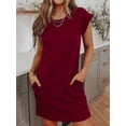 thumbnail image 2 of Burgundy Womens Casual Short Sleeve Pocket Mini Dress For Everyday Summer Wear, 2 of 5