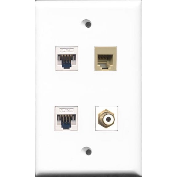 RiteAV 1 Port RCA White and 1 Port Phone RJ11 RJ12 Beige 2 Port Cat5e Ethernet White Wall Plate
