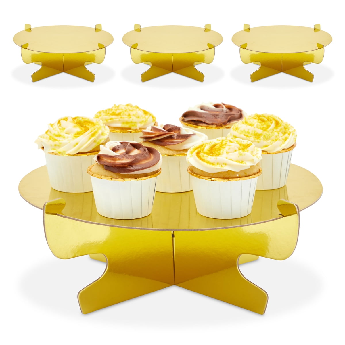 4 Pack Mini Cardboard Cupcake Stand Set, Metallic Gold Dessert Holders