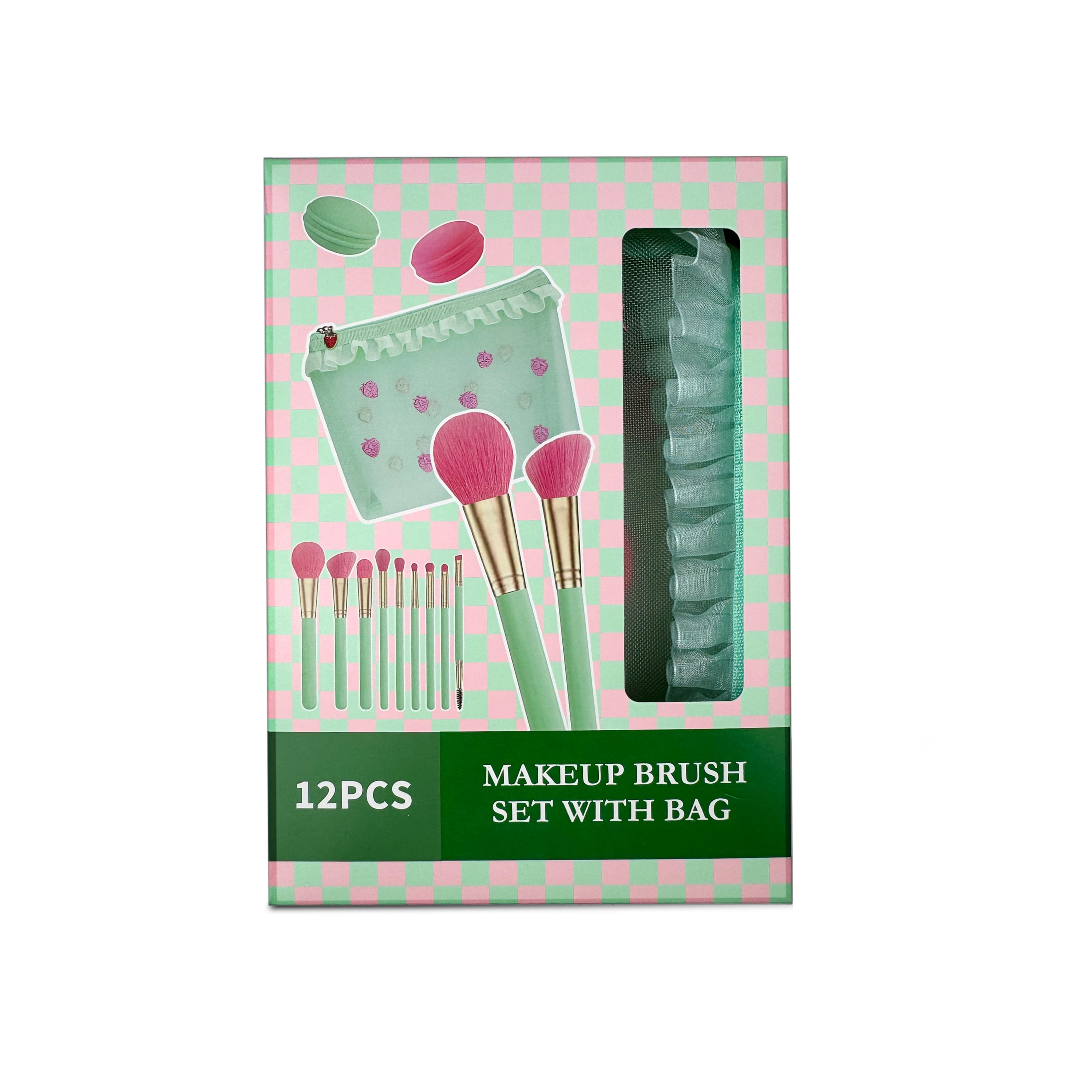 Makeup Brush Set with Bag, Green and Pink, 12 Pieces