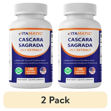 (2 pack) Vitamatic Cascara Sagrada 25:1 Extract, 5000 mg Equivalent Strength Per Serving, Made with Senna & Psyllium Husk - 180 Veg Capsules - Concentrated 25X Potency - All Natural - Non-GMO