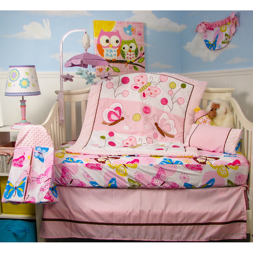 SoHo Crib Bedding Set for Baby Nursery, Pink Butterfly Garden, 9 Pieces