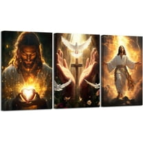 Hieng Sacred Heart Wall Art 3 Pieces Jesus Mary Portrait Pictures Christian Catholic Canvas Prints Cross Dove of Peace Paintings for Church Decor Unframed