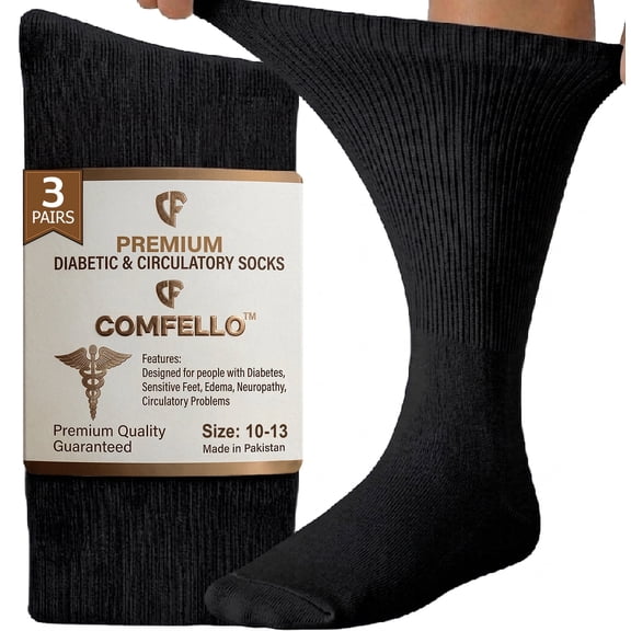 Comfello 3 Pairs Men's Diabetic Socks, Non-Binding Crew Socks, Extra Wide 10-13 Black