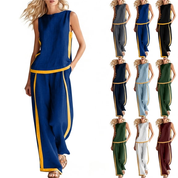 Bloomae Fashion Womens Two Piece Outfit Sets Loose Fit Casual Striped Summer Sleeveless Round Neck Tshirt Tops and Wide Leg Baggy Pants Trendy Cozy Loungewear Clothes Light Blue S