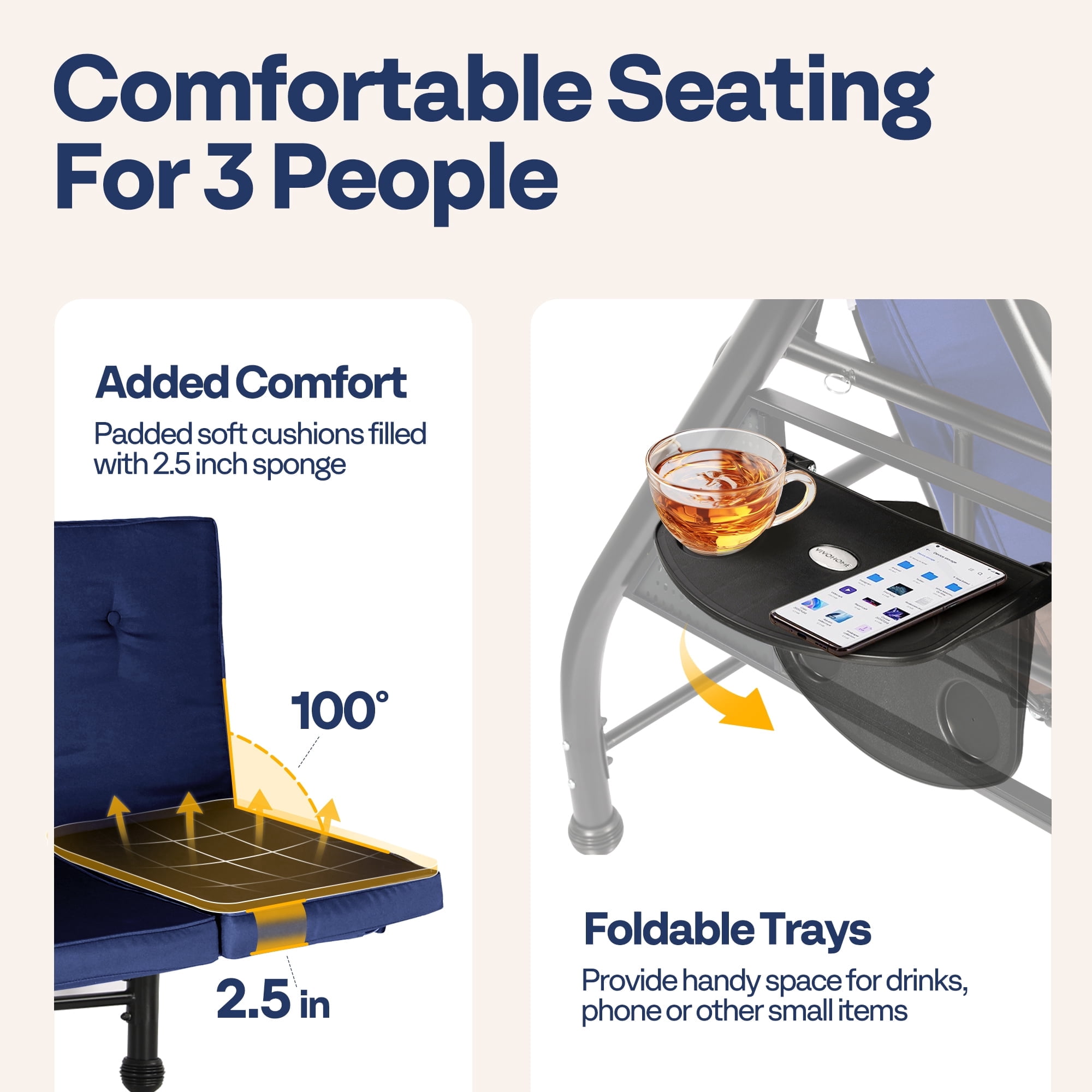 SPECSTAR 3 Seats Patio Swing Chair, Outdoor Converting Canopy Swing Chair w/ Removable Cushion,Swing Glider Hammock for Patio, Garden, Navy Blue