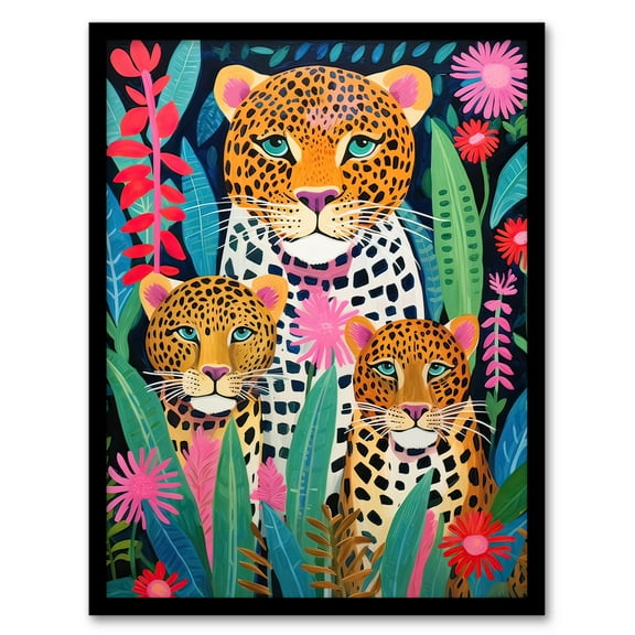 Leopard Family Vibrant Oil Painting Orange Pink Green Floral Jungle Wildlife Kids Bedroom Art Print Framed Poster Wall Decor 12x16 inch