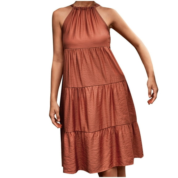 BLVB Women Summer Casual Sleeveless Dress Tiered Flowy Boho Sun Dress Loose Pleated Beach Party Mini Dress