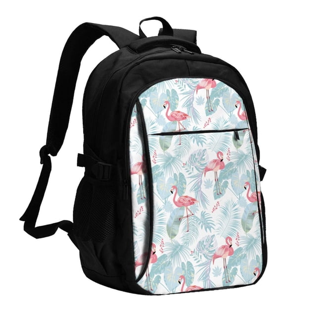 Balery Tropical Flamingo Mochila con carga USB para hombre y mujer - Mochila impermeable y antirrobo para portátil con puerto USB para viajes, trabajo, estudios y universidad