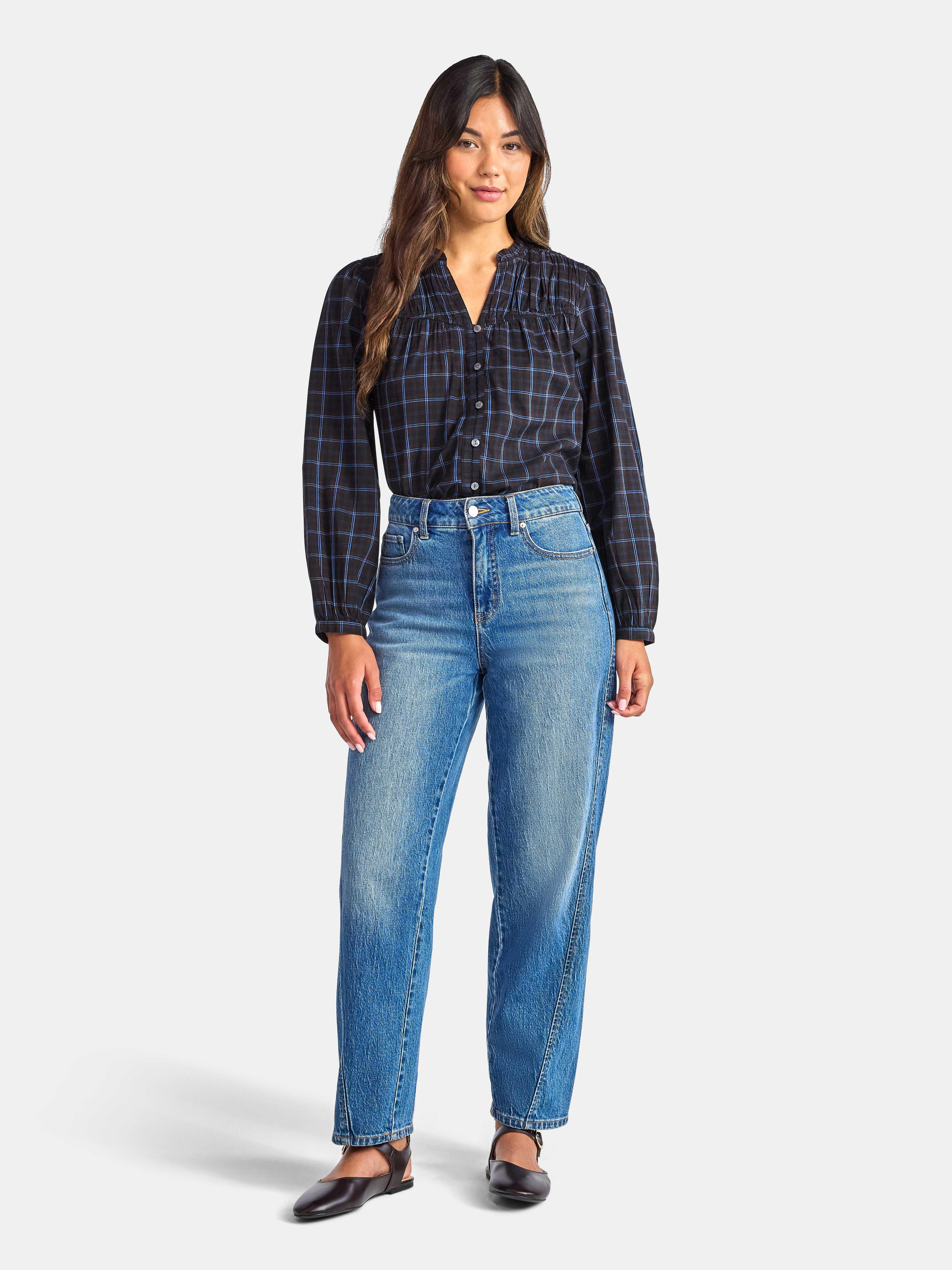 Time and Tru Women's Ruched Yoke Blouse with Long Sleeves, Sizes XS-XXXL