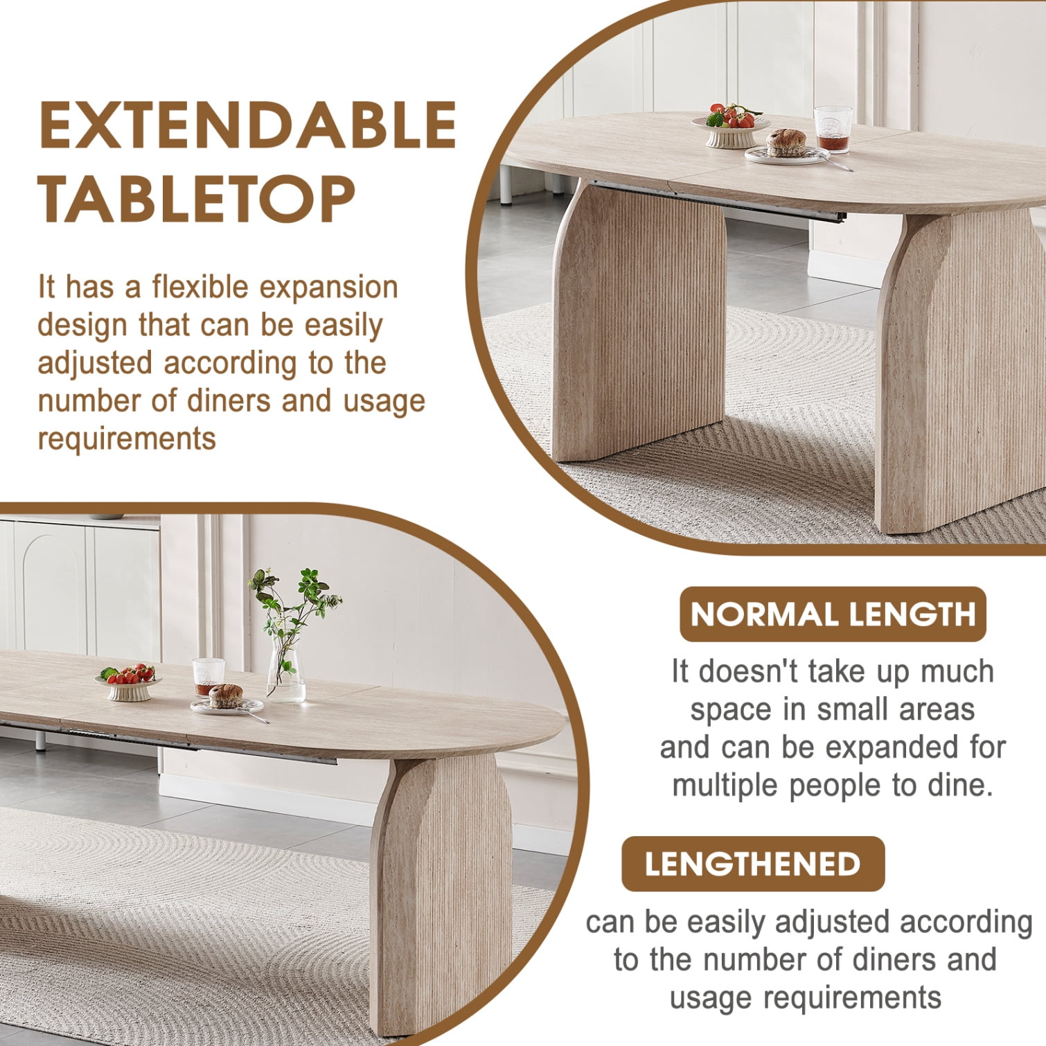59"-90" Extendable Dining Table for 4-8 People, Modern Oval Kitchen Table with Dual Pillar Design, Space Saving Extendable Meeting Table for Small Spaces, Natural