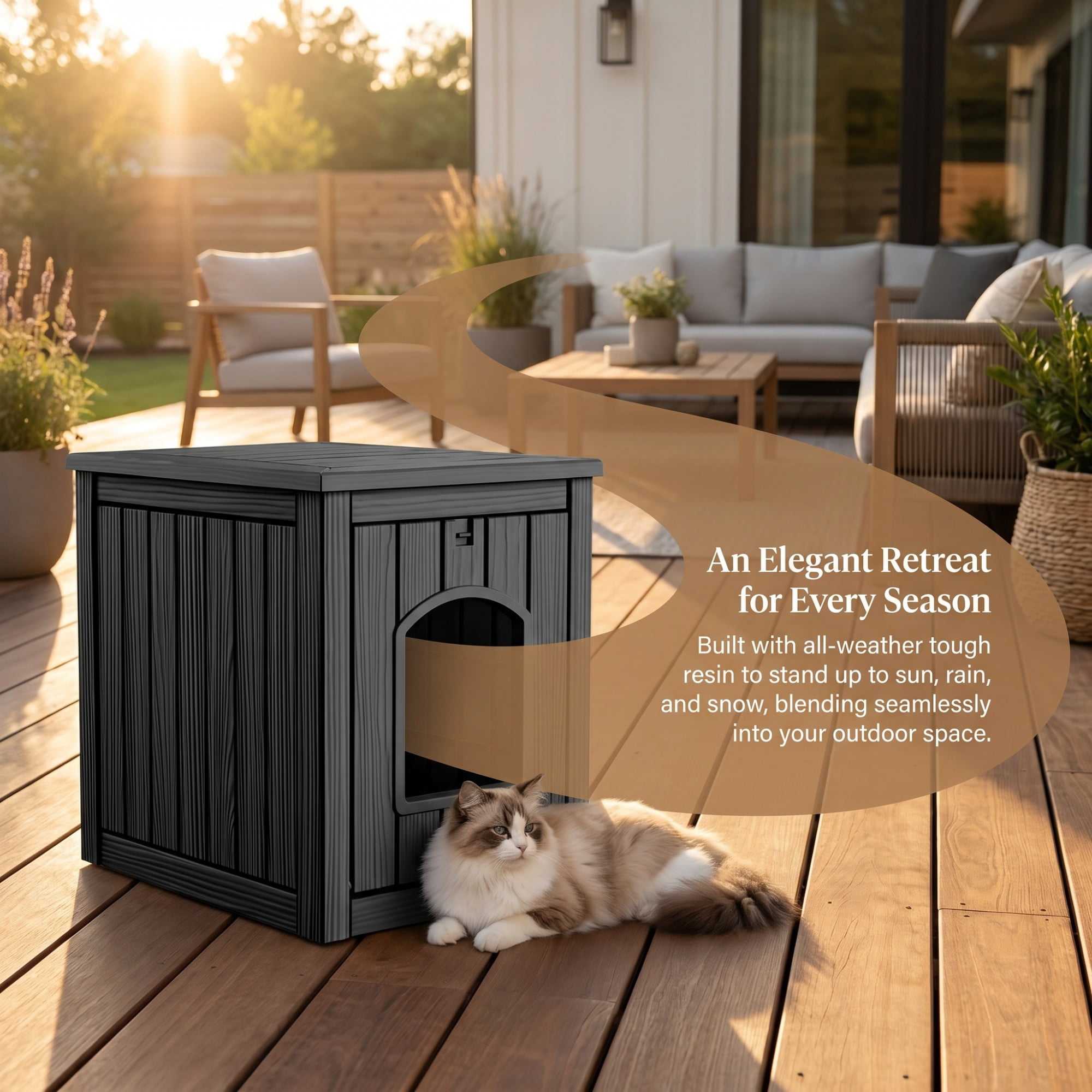 ENNSOO Outdoor Cat House Weatherproof Resin Cat Shelter for Indoor & Outdoor, Durable All-Season Pet House for Feral, Stray & Domestic Cats, Black