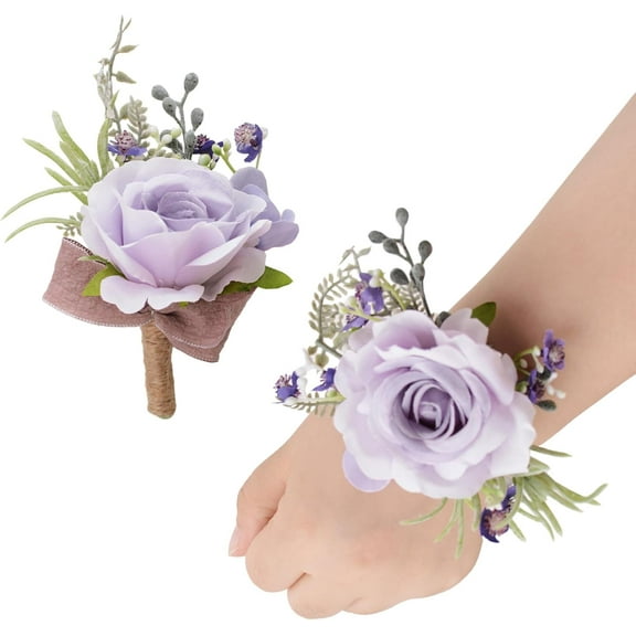 Wedding Wrist Corsage and Boutonniere Set, Artificial Light Purple Rose Wrist Flower Hand Flower Set for Graduation Prom Bridal Shower Party