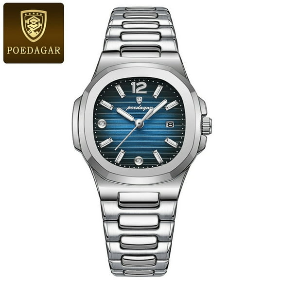 POEDAGAR Montre Bleue pour Femme de Luxe Carrée à Quartz en Acier Inoxydable Lumineuse Étanche avec Date