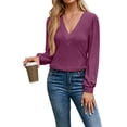 thumbnail image 3 of Blusas de Larga con Cuello en V para Mujer, Elegantes, Informales, de Otoño, con Mangas Abullonadas, Holgadas, Modernas. Púrpura M, 3 of 9
