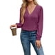 thumbnail image 3 of Blusas de Larga con Cuello en V para Mujer, Elegantes, Informales, de Otoño, con Mangas Abullonadas, Holgadas, Modernas. Púrpura M, 3 of 9
