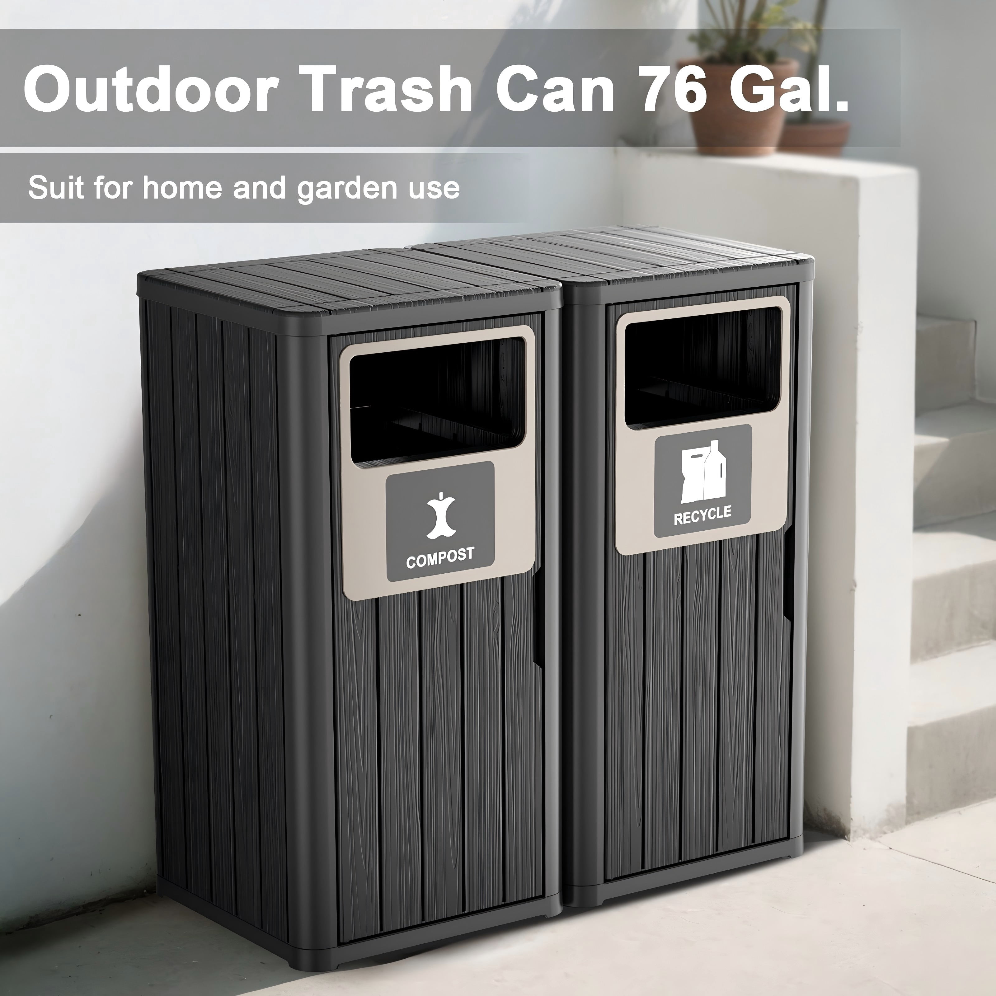 Outdoor Single Barrel Trash Can,Waterproof Resin Garbage Can with Garbage Labels,Durable Waste Bin for Porch, Backyard,Kitchen,for 30 to 39 Gallon Trash Bags（Black，2)