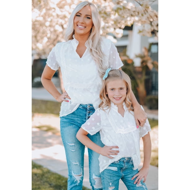 ABPHQTO Top fluido blanco de manga corta con lunares suizos para mujer