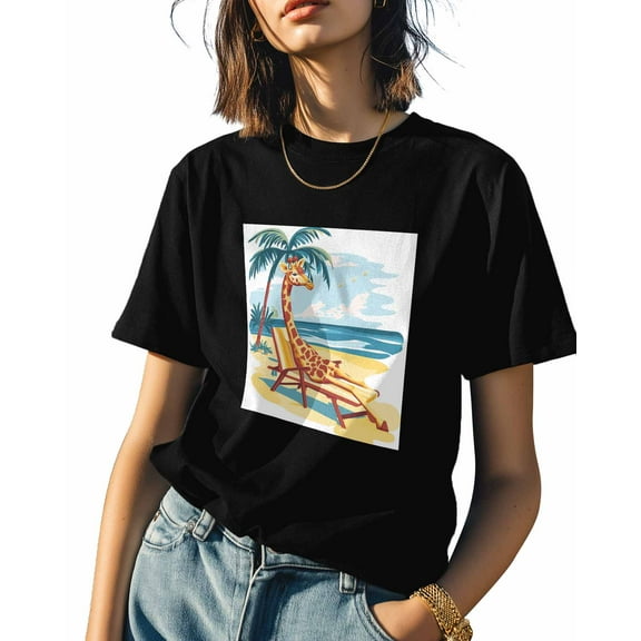 Women's T-Shirts, Giraffe Vacation Beach Cotton Crewneck Tee Short Sleeve Casual Tops Loose Graphic T-Shirt Black, S
