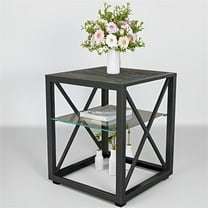 1 piece Modern End Table Nightstand for Bedroom & Living Room, Tempered Glass& Rustic Wood Grain MDF, Industrial Style Side Table