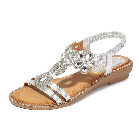 Summer Flat Sandals Flowers Bohemia Women Summer Sandals Elegant Rhinestone Shoes Women