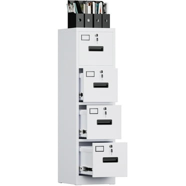 SUPEER Metal Vertical Organizer File Storage Cabinet for Office Supplies and Hanging File Folders with 4 File Drawers, School Office File Cabinet for A4 Letter/Legal Size, Assemble Required (White)