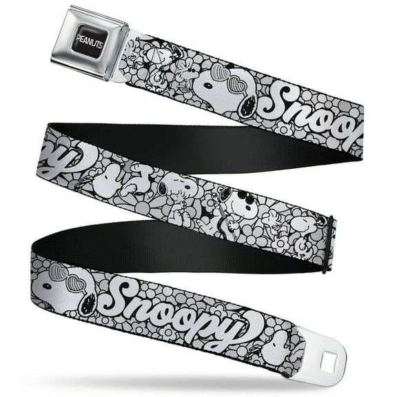 Peanuts Belt, Seatbelt Buckle Belt, Snoopy Poses and Daisy Flowers Collage Black Grays White, 30 to 44 Inches