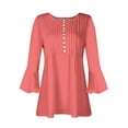 thumbnail image 5 of JTZGDY 3/4 Length Sleeve Tops for Women Dressy Casual Summer Bell Sleeves Button V Neck Ruched Pleated Tunic Blouse Trendy Loose Plain Tees Shirt Watermelon Red L, 5 of 6