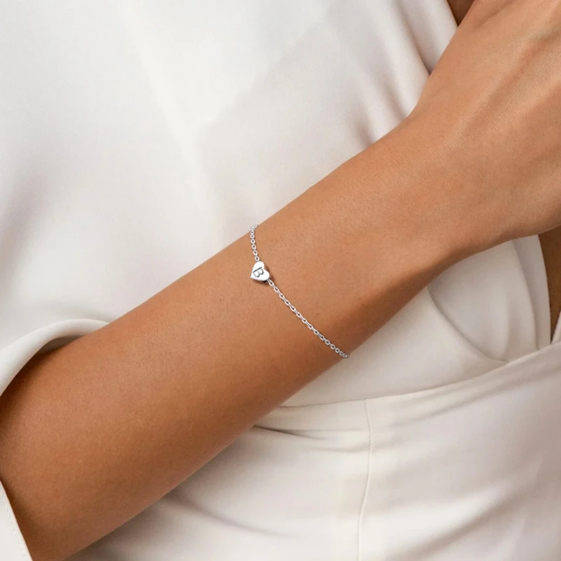 Women's Silver Bracelet, Initial Heart Charm Chain with Letter B | Silver