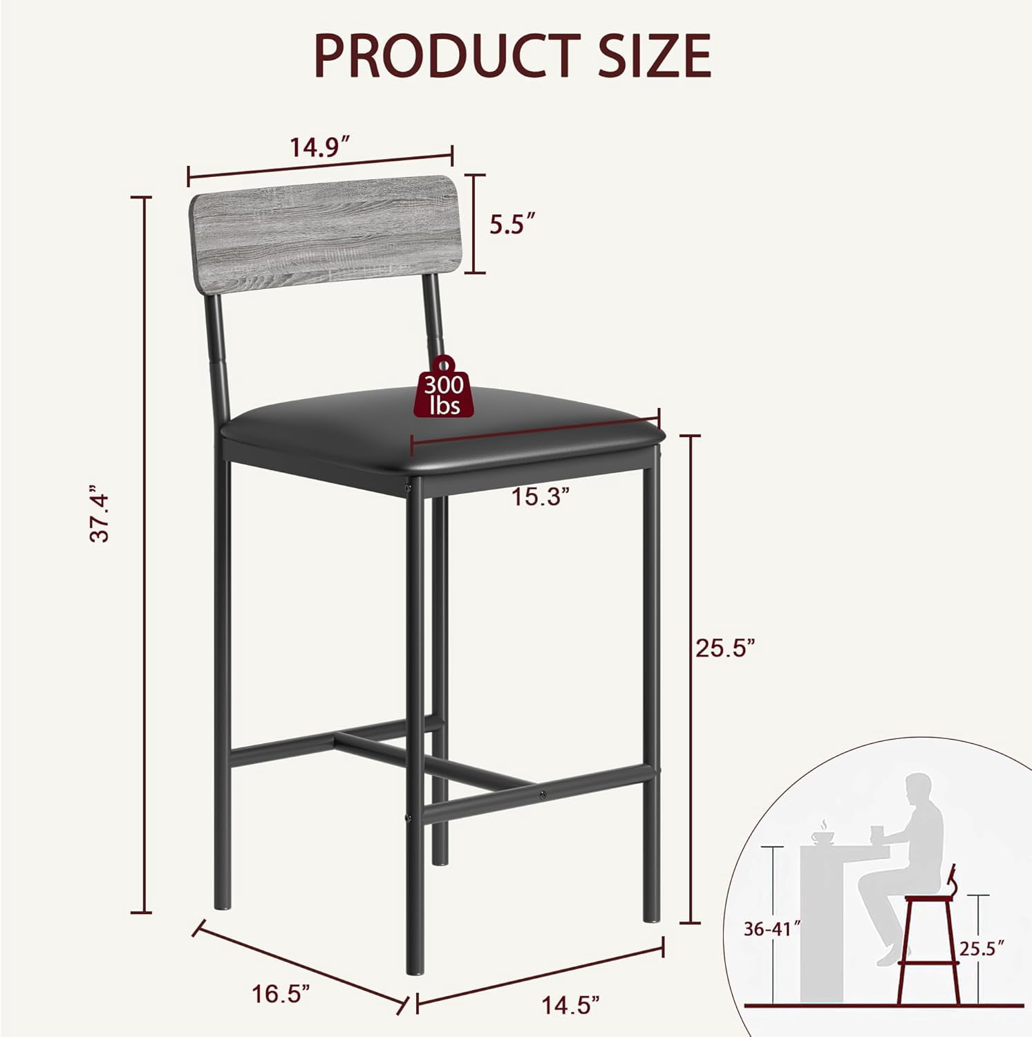 Set of 4 Upholstered Bar Stools, 25.5-Inch Kitchen Counter Height Chairs with Footrest and Back Support in Rustic Gray, Easy Assembly