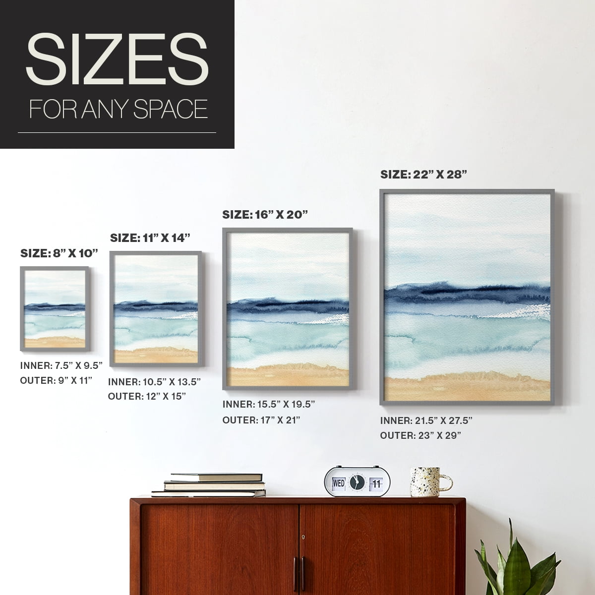 Watercolor Ocean Horizon II Framed Print in Gray Solid Wood 11 x 14 Framed Print