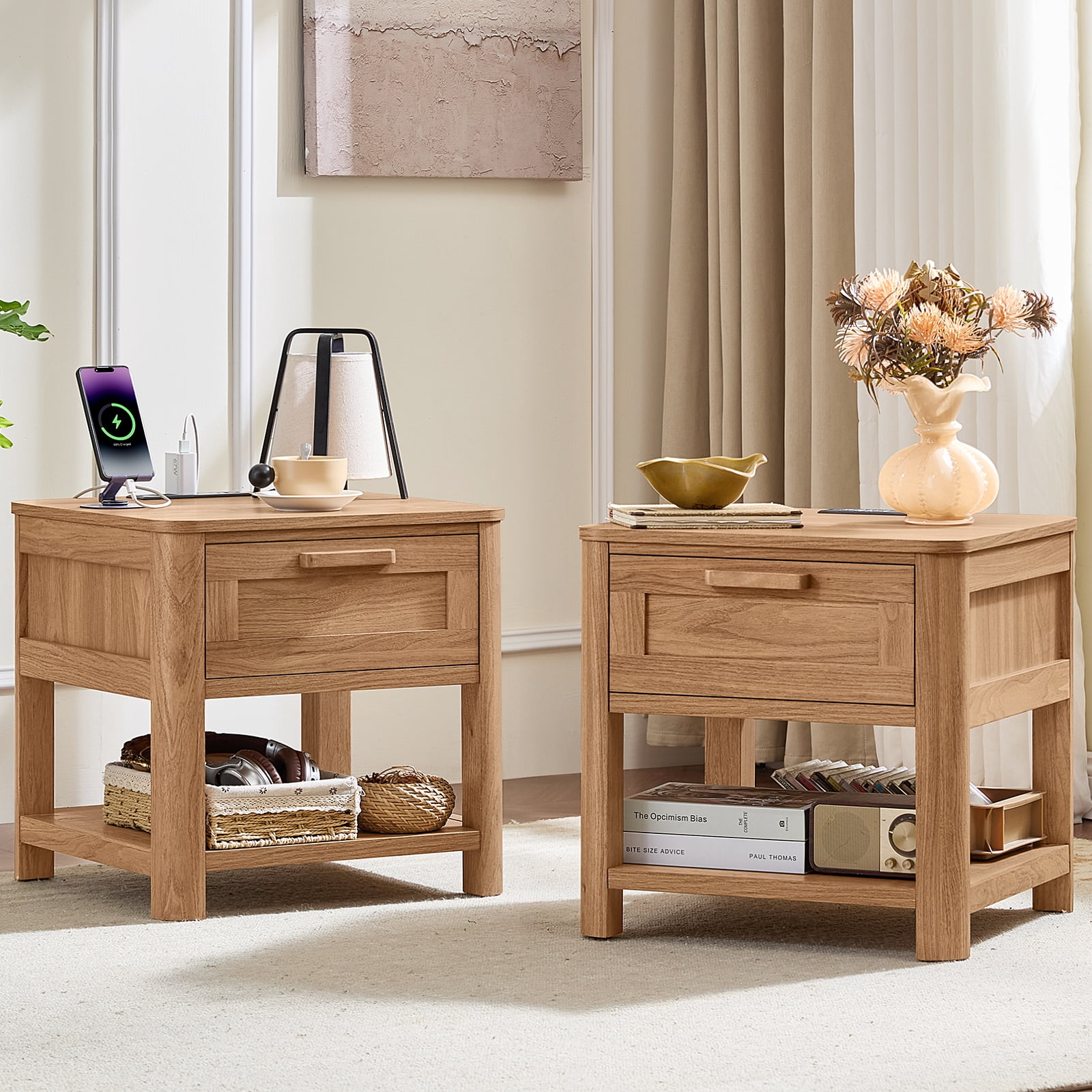Joaxswe Nightstand with Charging Station, Dark Wood End Table with Silent Slide Drawers, Modern Side Table, Wooden Night Stand for Living Room