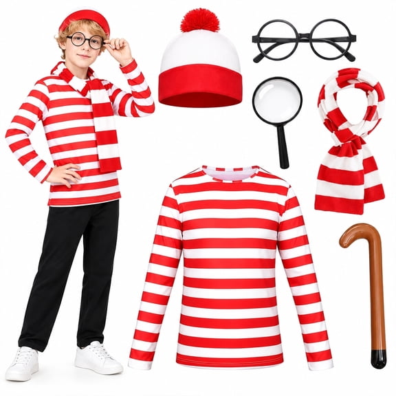 Forfamy Wheres Waldo Costume for Halloween Red and White Striped Top Tee Costumes Dress Up for Cosplay