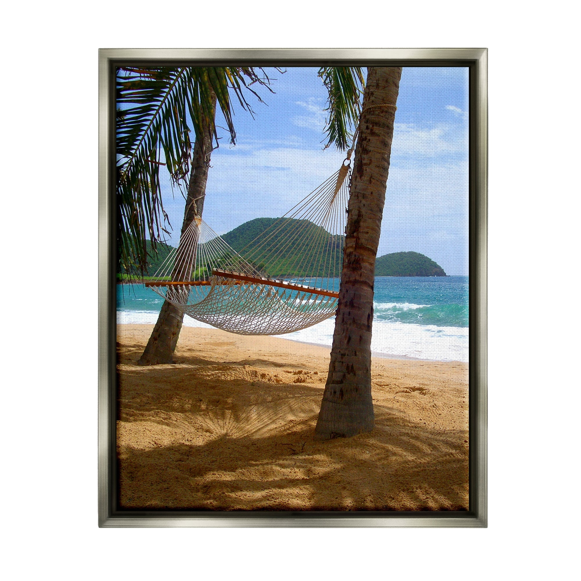 Stupell Industries Tropical Summer Vacation Hammock Between Palm Trees Photograph Luster Gray Floating Framed Canvas Print Wall Art, Design by Noah Bay