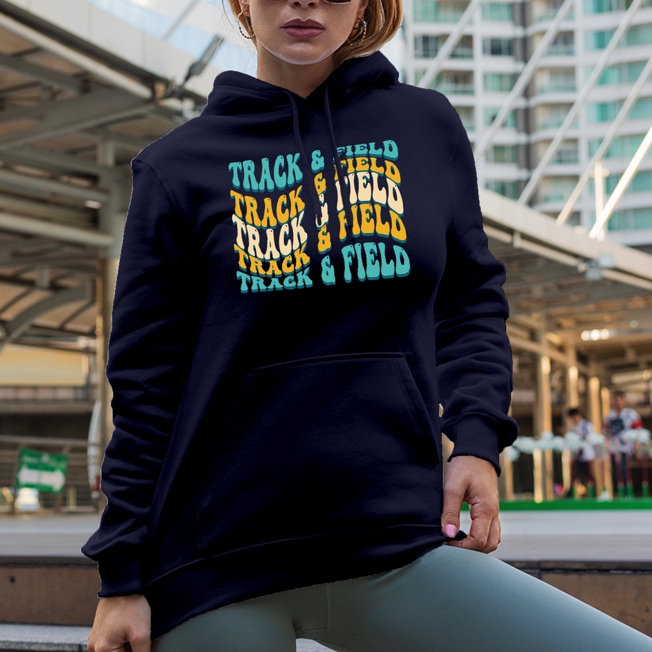 Track & Field, Athlete or Sports Themed, Groovy Retro Wavy Text Merch Gift, Navy Blue Hooded Sweatshirt or Hoodie, Medium