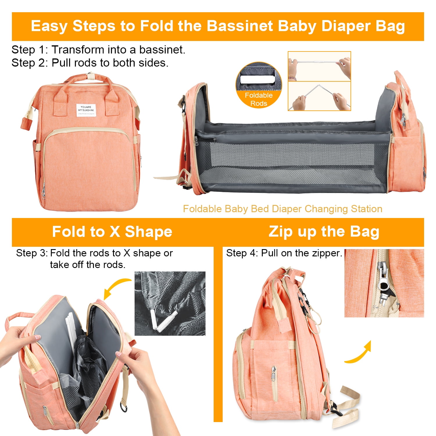Diaper Bag Backpack,Multifunction Diaper Bag Backpack with Changing Station,Foldable Crib&Insulated Milk Bottle Pocket Large Capacity Baby Nappy Changing Bag Travel Backpack w/ Stroller Straps,Orange