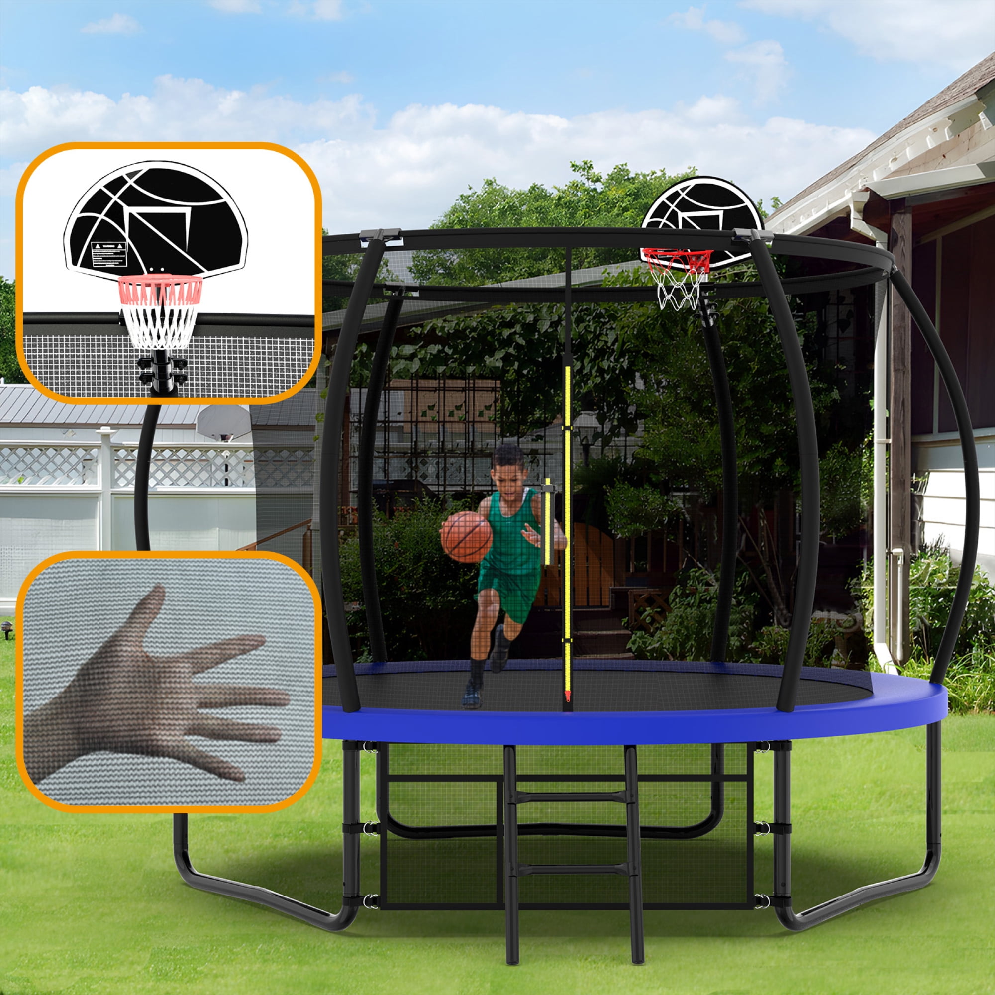 Leumius 10FT Trampoline with Enclosure Net,Heavy Duty Yard Pumpkin Trampolines with Ladder,Outdoor Recreational Trampolines for Kids and Adults,Blue