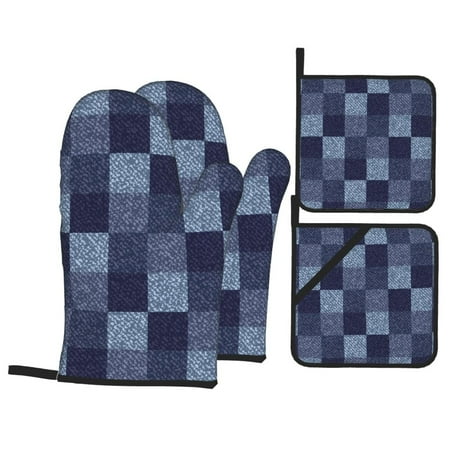 

Oven Mitts and Pot Holders 4 pcs Set Blue Gingham Buffalo Check Heat Resistant Pot Holders Oven Mitts for kitchen Non-Slip Hanging Loop Oven Glove Potholders for Baking Cooking