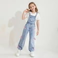 thumbnail image 3 of Kids Girls Denim Bib Overalls Sleeveless Bowknot Wide Leg Jumpsuit Big Girls Adjustable Strap Jean Jumpsuit with Pockets 6-14 Years, 3 of 4