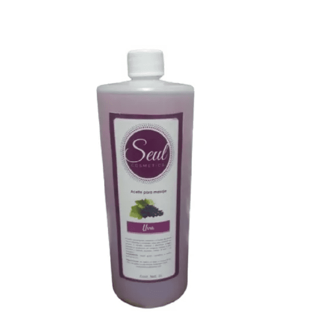 aceite para masajes spa cuiaddo corporal uva 1 litro botella frontal color uva con etiqueta blanca y morada que muestra el logo SEUL COSMETICS, texto 'Aceite para masaje' y racimo de uvas; envase cilíndrico con tapa a rosca, humectante e hidratante, rico en vitamina E, a menudo usado para masajes relajantes o rutinas de cuidado corporal.
