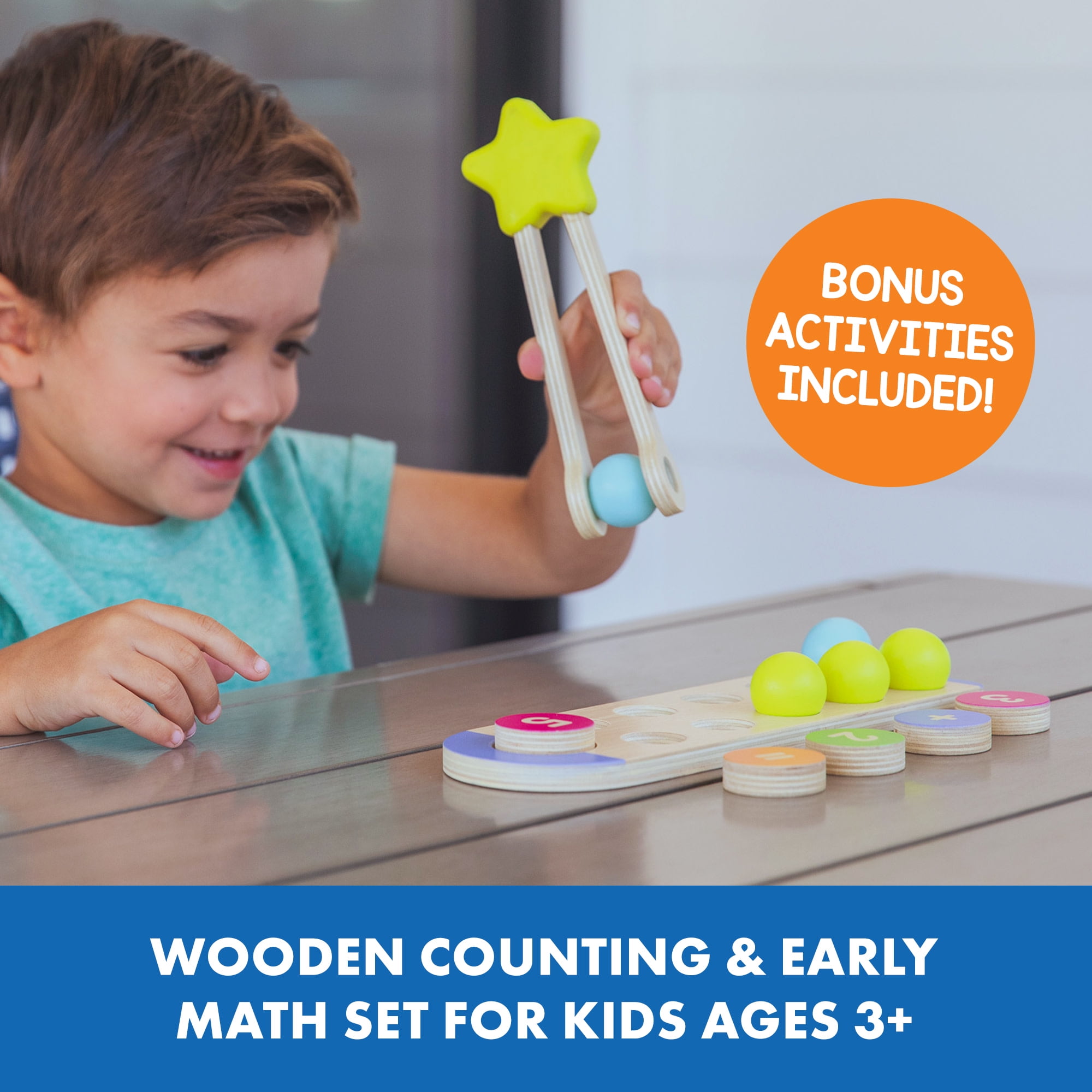 Educational Insights Count & Match 20 Beads Wooden Abacus, Preschool Counting Set with Fine Motor Tweezers