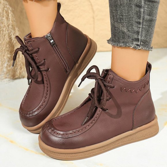 Pisexur Boots for Women Fashion Casual Winter Ankle Boots Solid Color Round Toe Side Zipper Front Lace-Up Flat Ankle Boots Brown,37