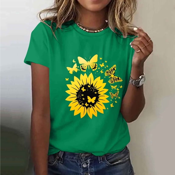 Xdegoge Summer Tops for Women Graphic Tee with Bold Sunflower and Butterflies Casual Crewneck Short Sleeve Shirts Unique Floral Tops and Tunics with Black Outline