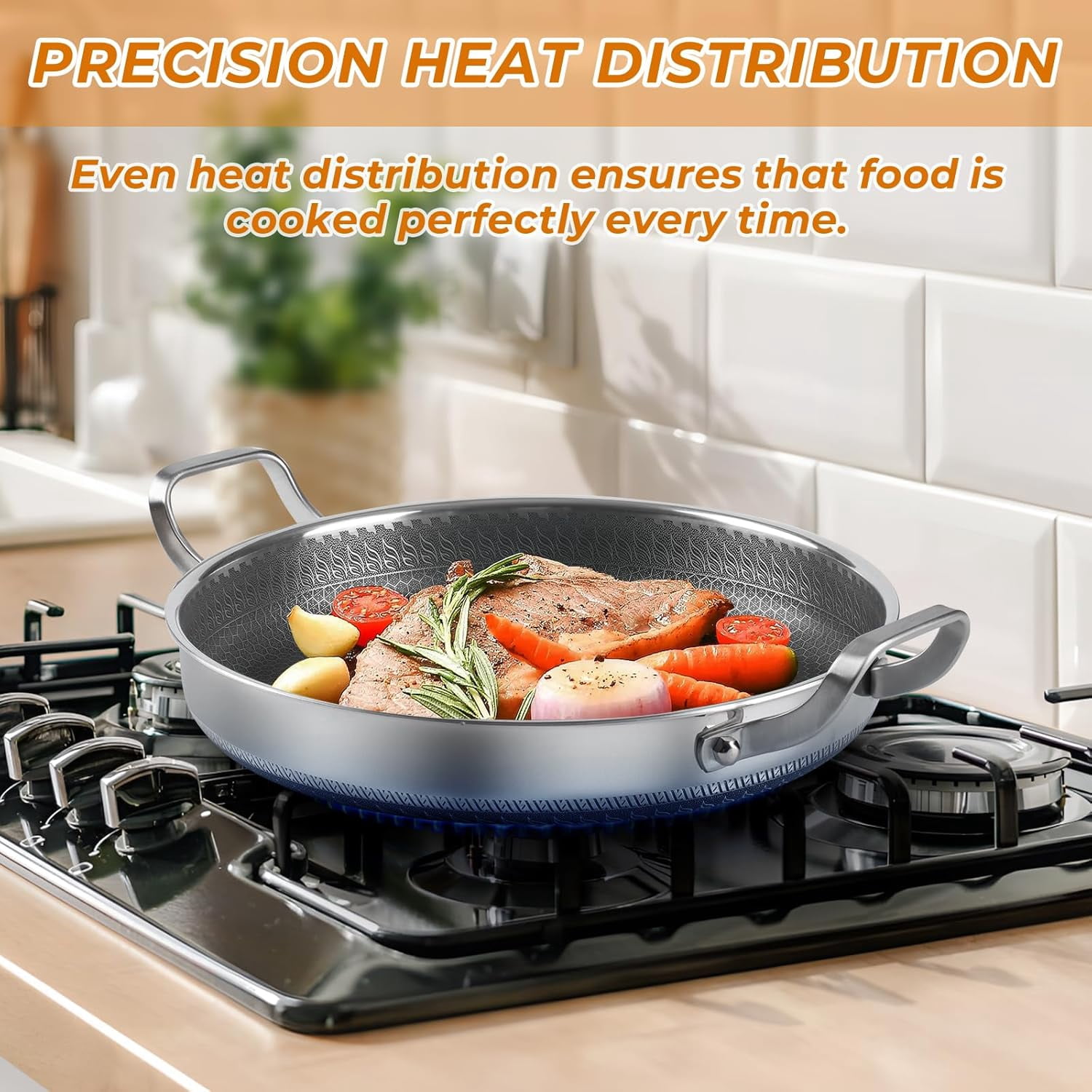 13 Inch Stainless Steel Frying Pan with Lid, Non Stick Cookware for All Stovetops